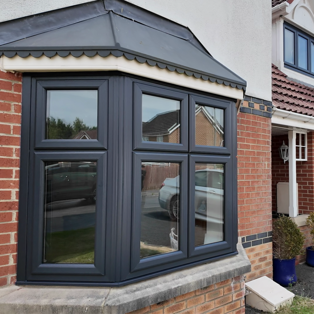 black framed bay window